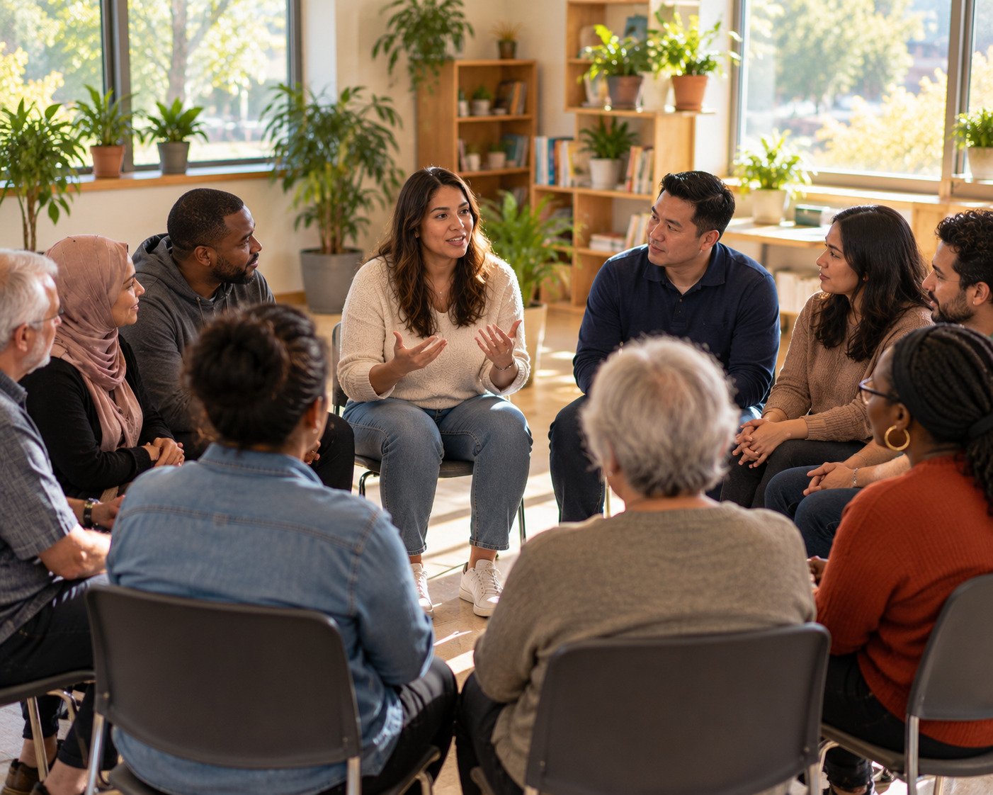 A community gathering of adult learners and facilitators seated together around a table, smiling.
