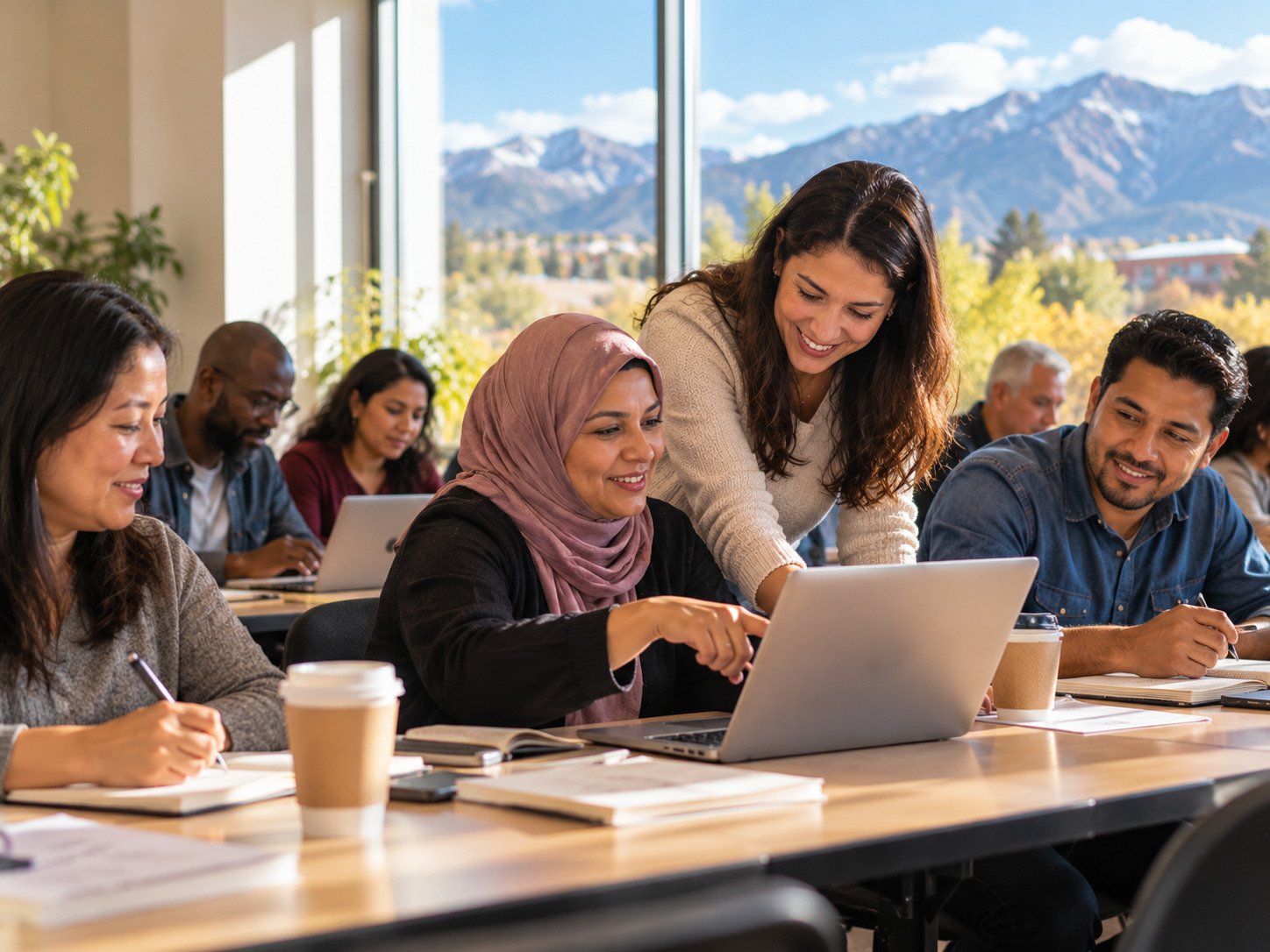 Adult learners working together at a long community-center table covered with laptops, notebooks, and printed learning materials.
