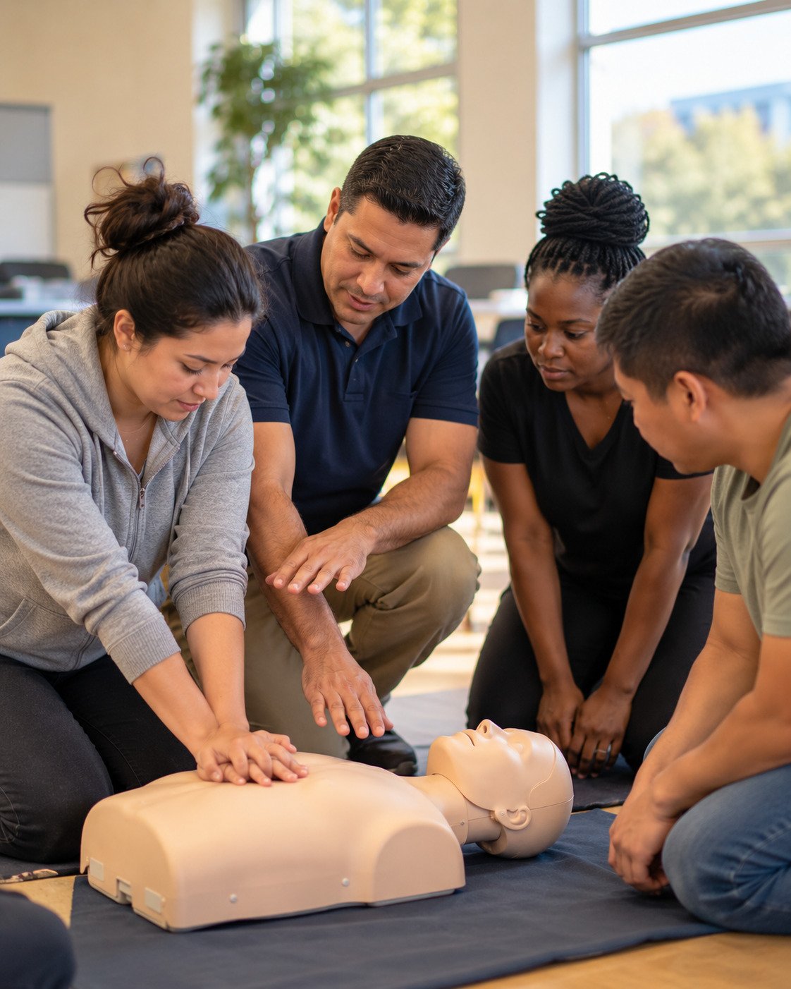 An instructor demonstrating chest compressions on a CPR training manikin for a small group of adult learners.