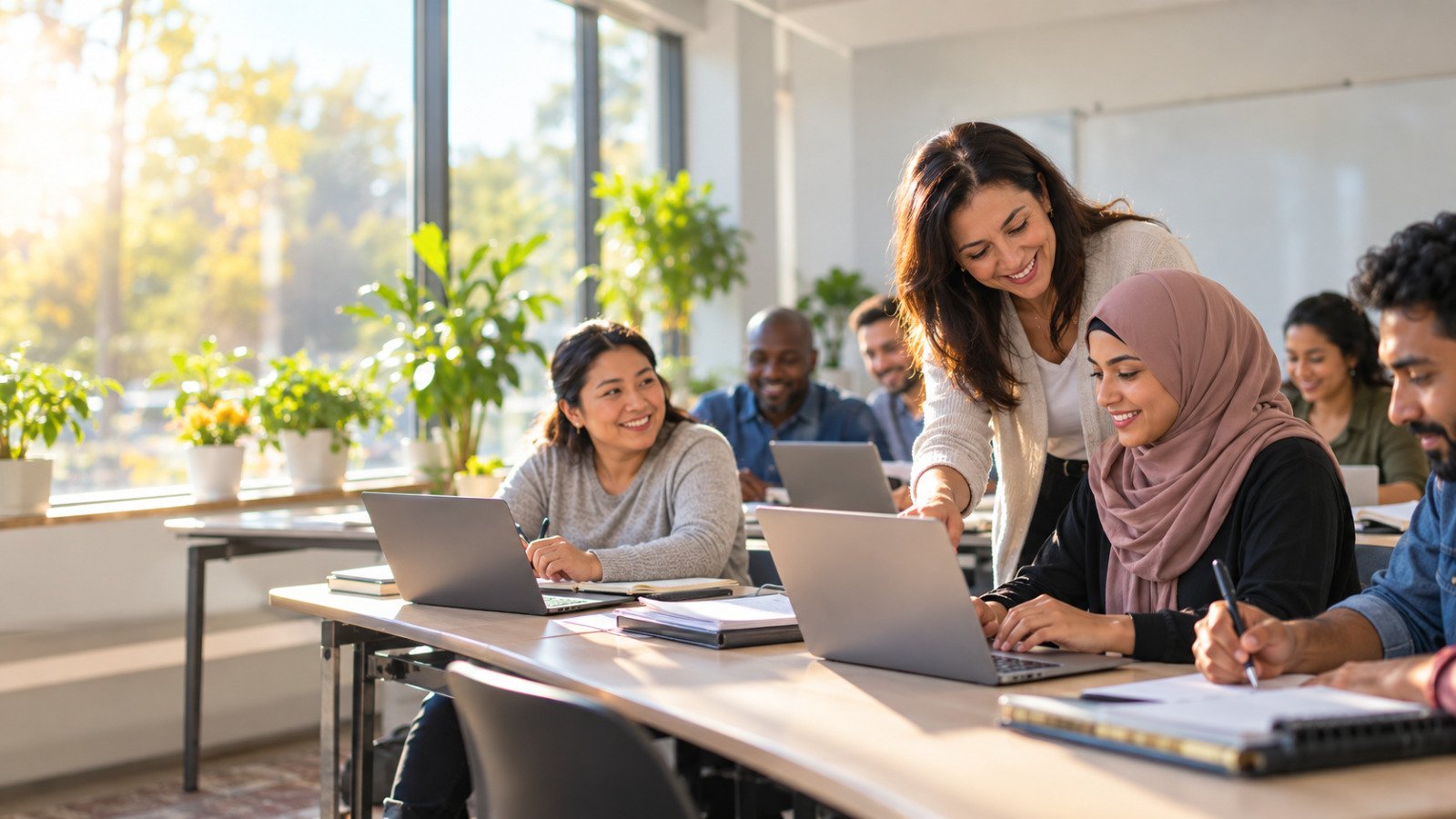 Students and a facilitator gathered in a bright community classroom, leaning over laptops and printed learning materials.