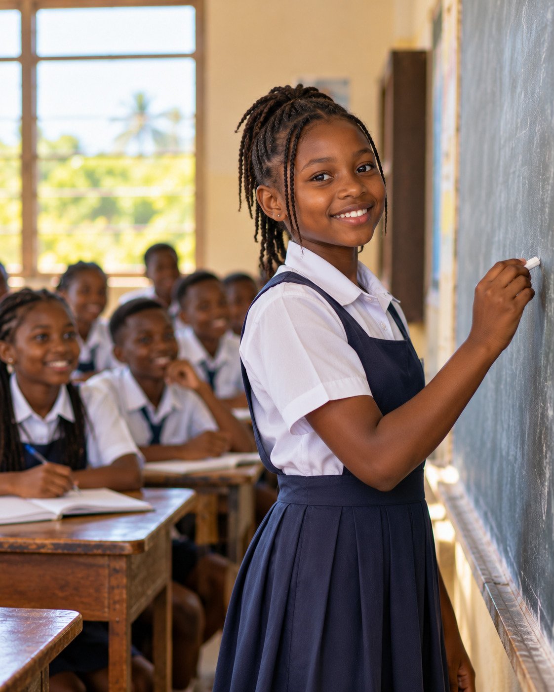 A Liberia classroom with students seated at wooden desks, looking toward the front of the room.