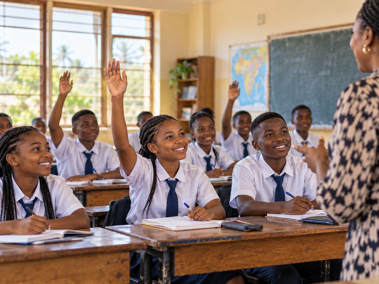 Liberian students smiling in school uniforms outside a community school building.